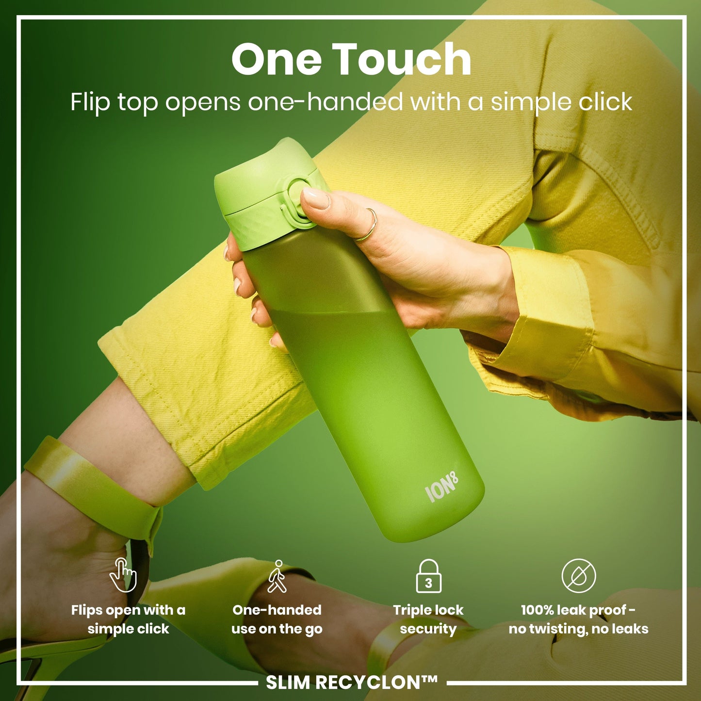 Green water bottle with flip top being held by a person, against a green background.