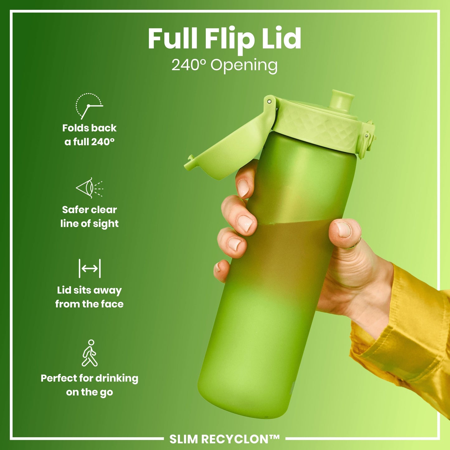 Green water bottle with a full flip lid on a green background