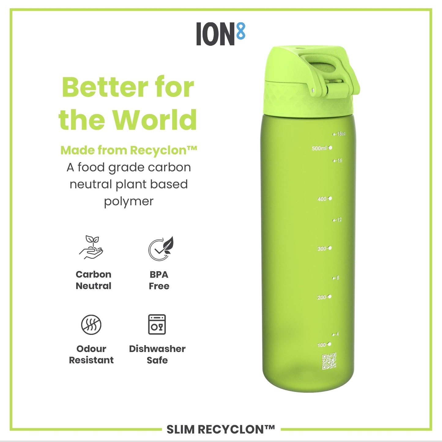 Green water bottle with 'ION8' branding and sustainability features on a white background