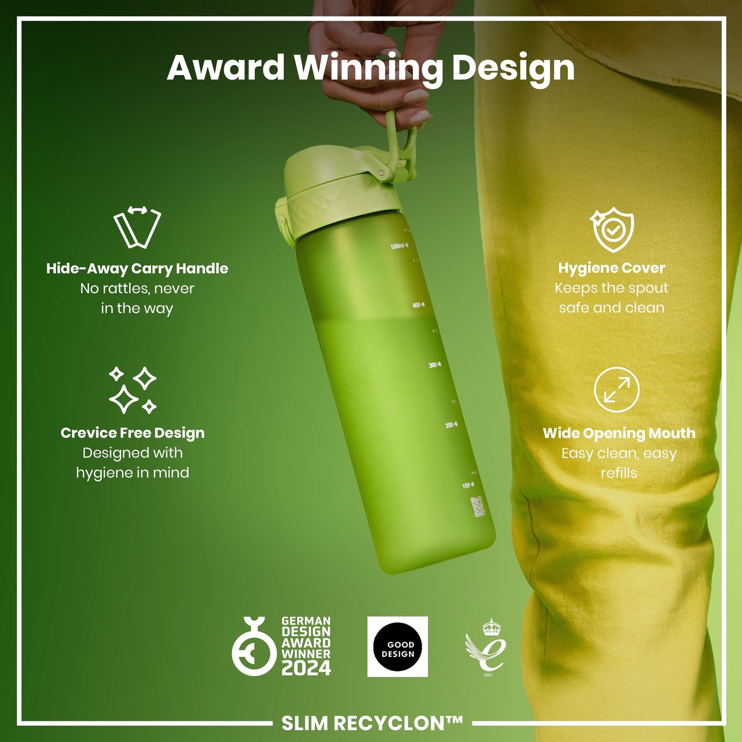 Green water bottle with features highlighted on a green background