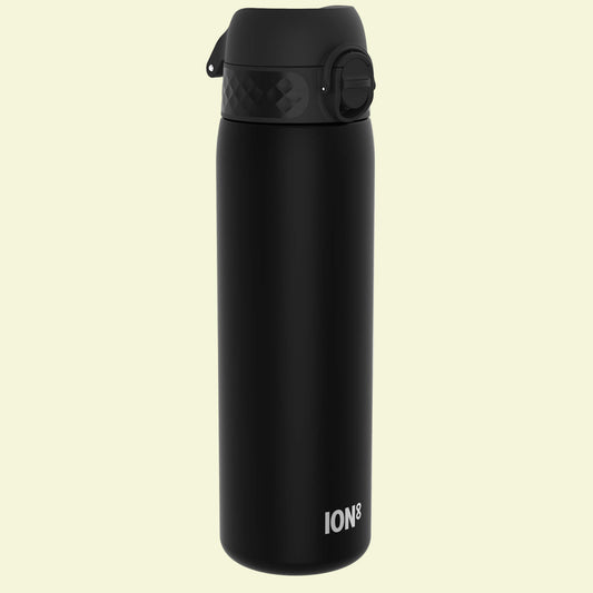 Black water bottle with 'ION8' branding on a white background