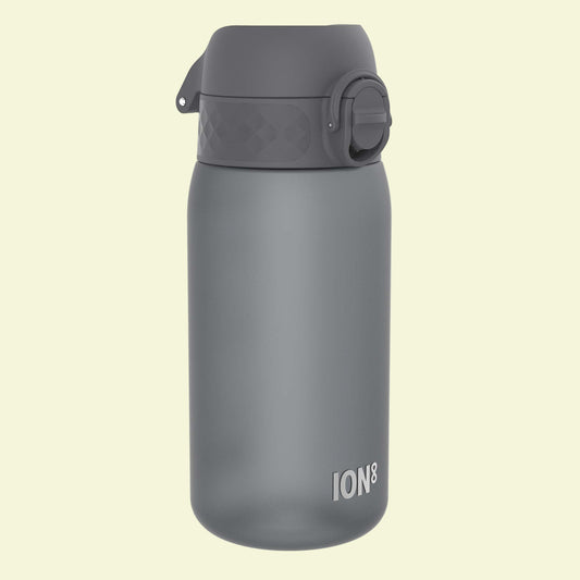 Gray water bottle withION8 branding on a white background