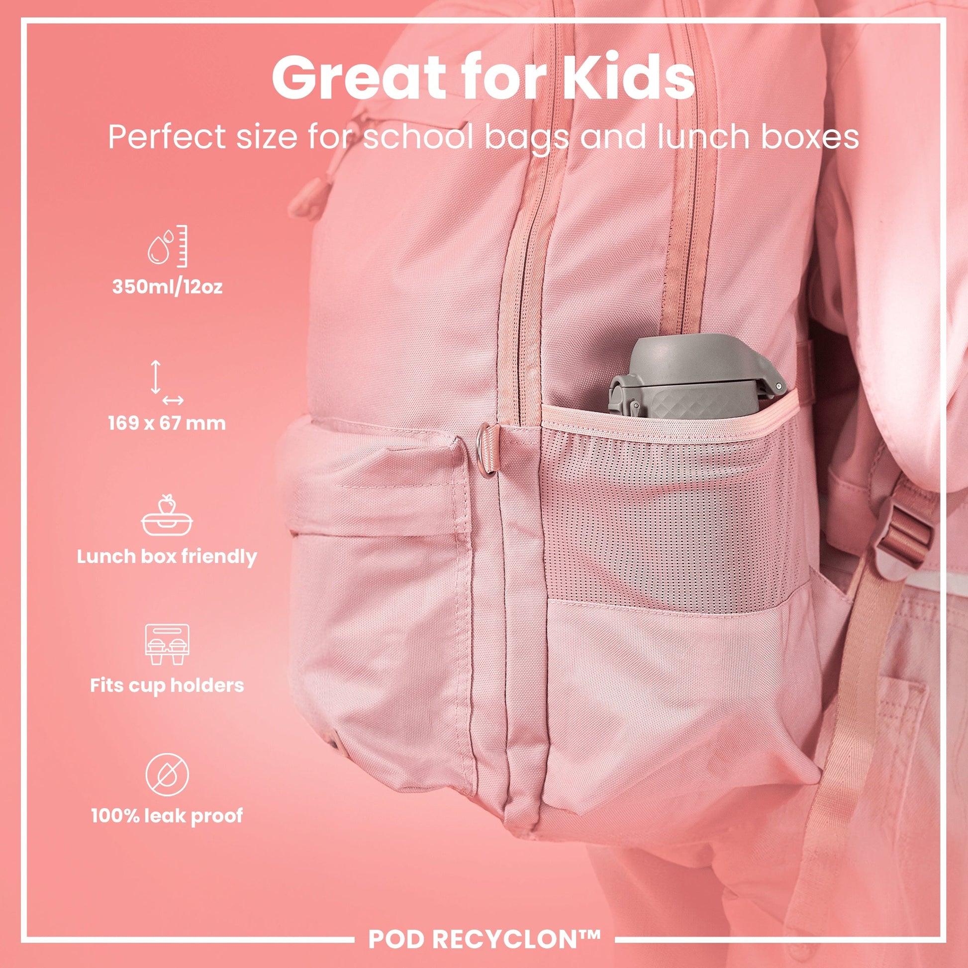 Pink backpack with a water bottle pocket on a pink background, featuring text about its suitability for kids and school bags.