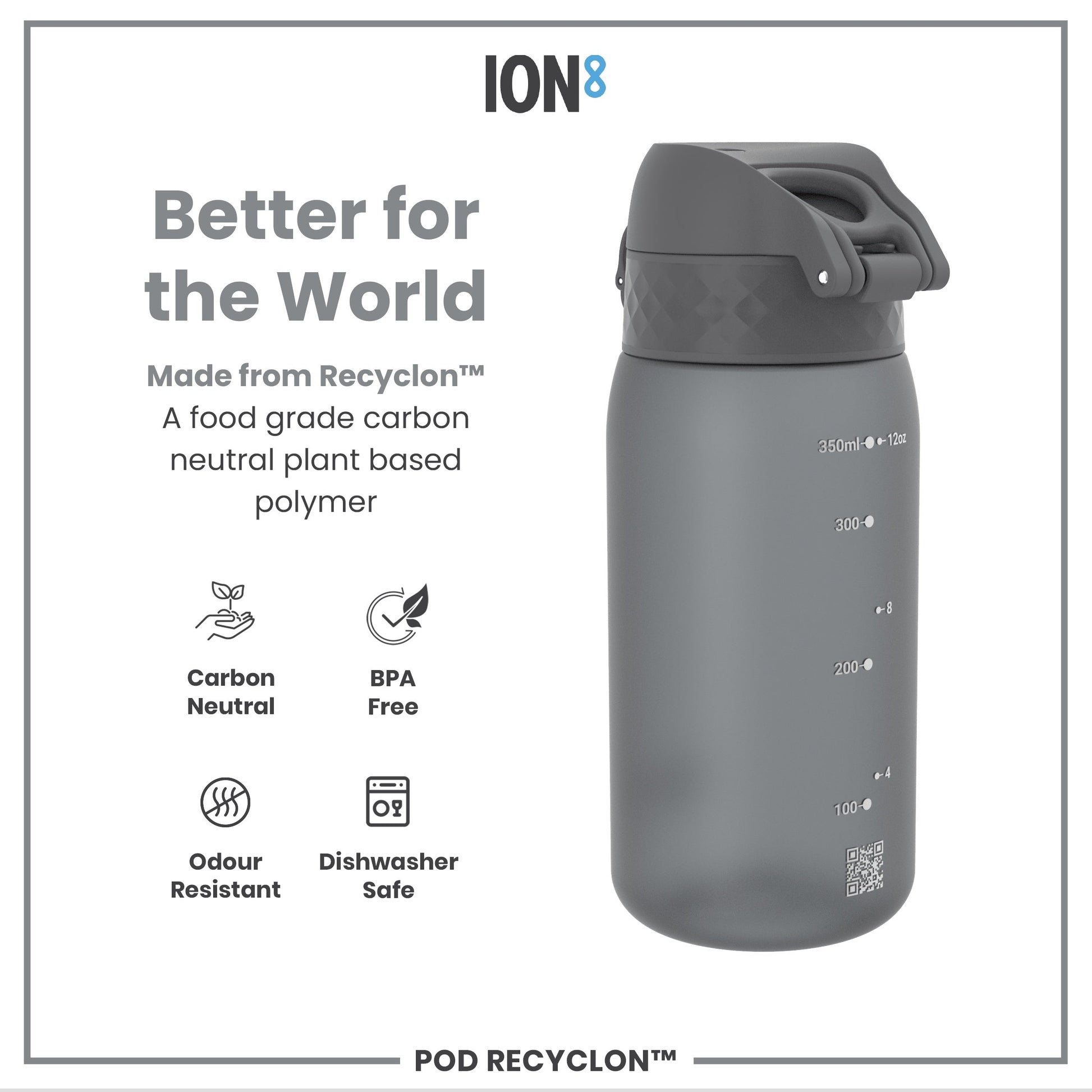 Gray water bottle with 'ION8' branding and sustainability features on a white background