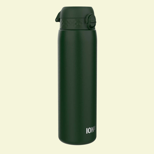 Green insulated bottle with a lid on a white background