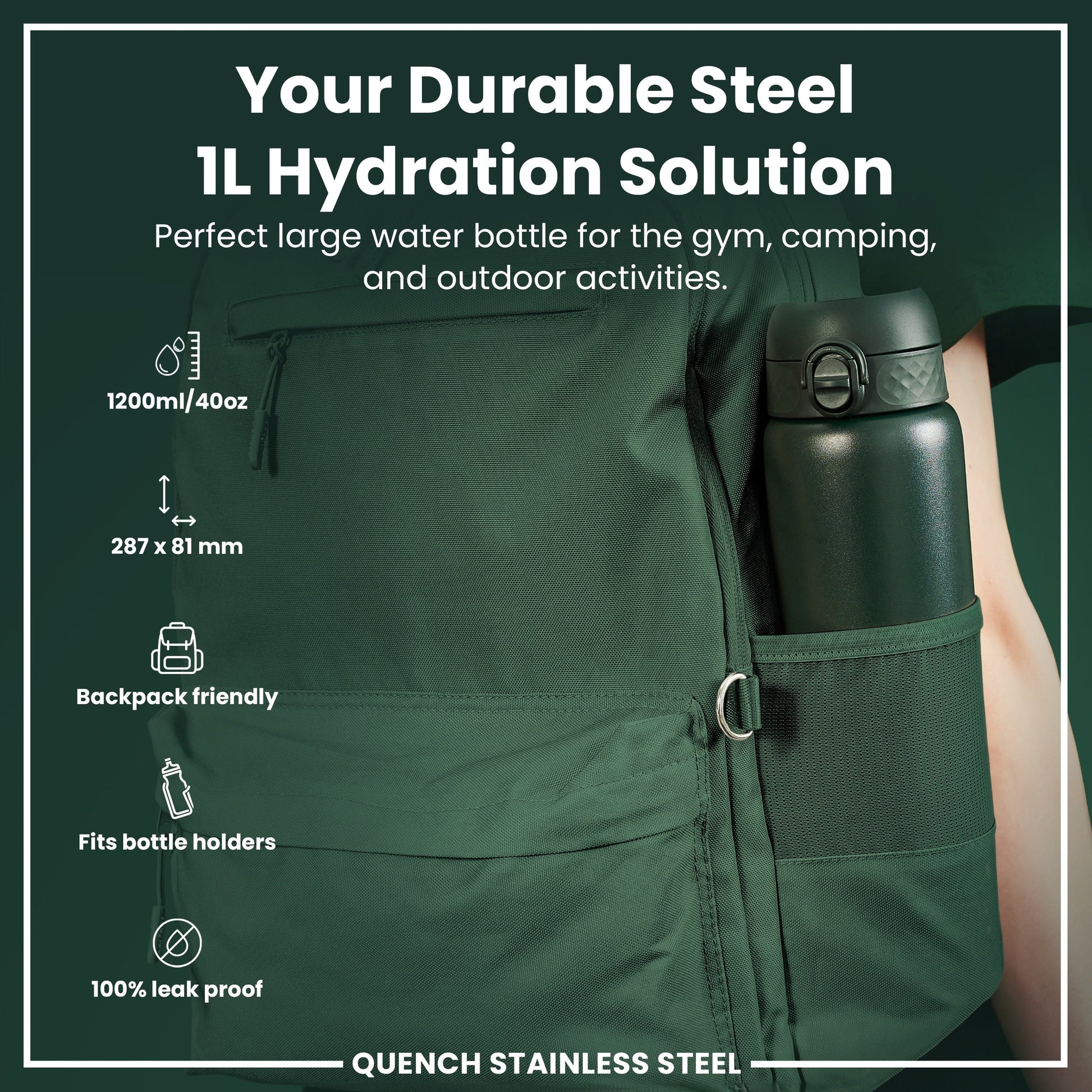 Green hydration bottle in a backpack with product features listed.