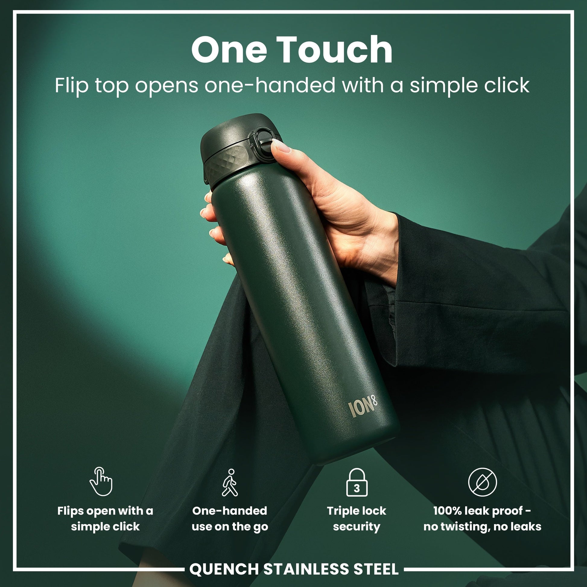 Green stainless steel water bottle held by a hand with text highlighting features on a green background