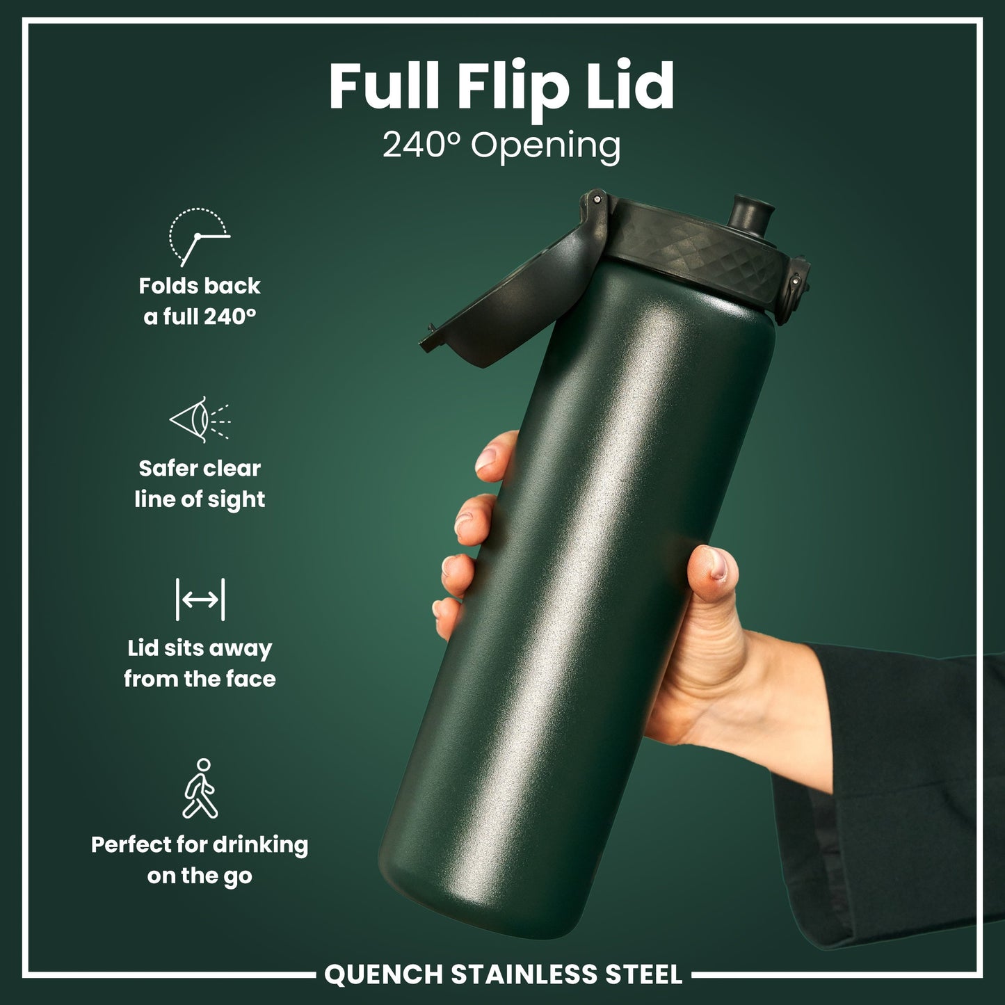 Black water bottle with a full flip lid held by a hand on a green background