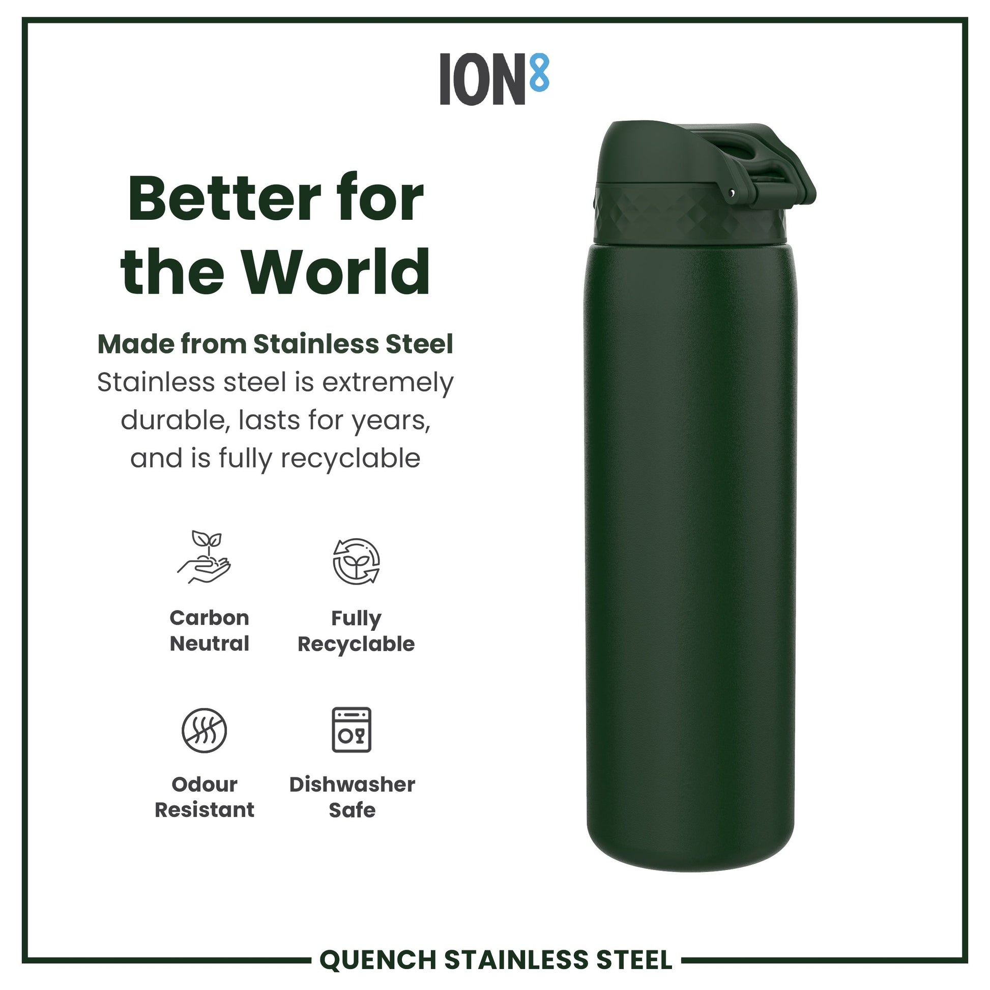 Green stainless steel water bottle with 'ION8' branding and sustainability features listed.