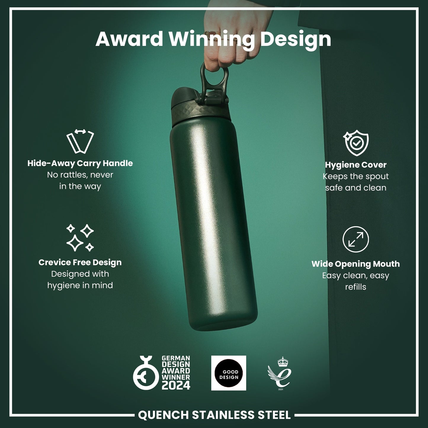 Green stainless steel water bottle with features highlighted on a green background