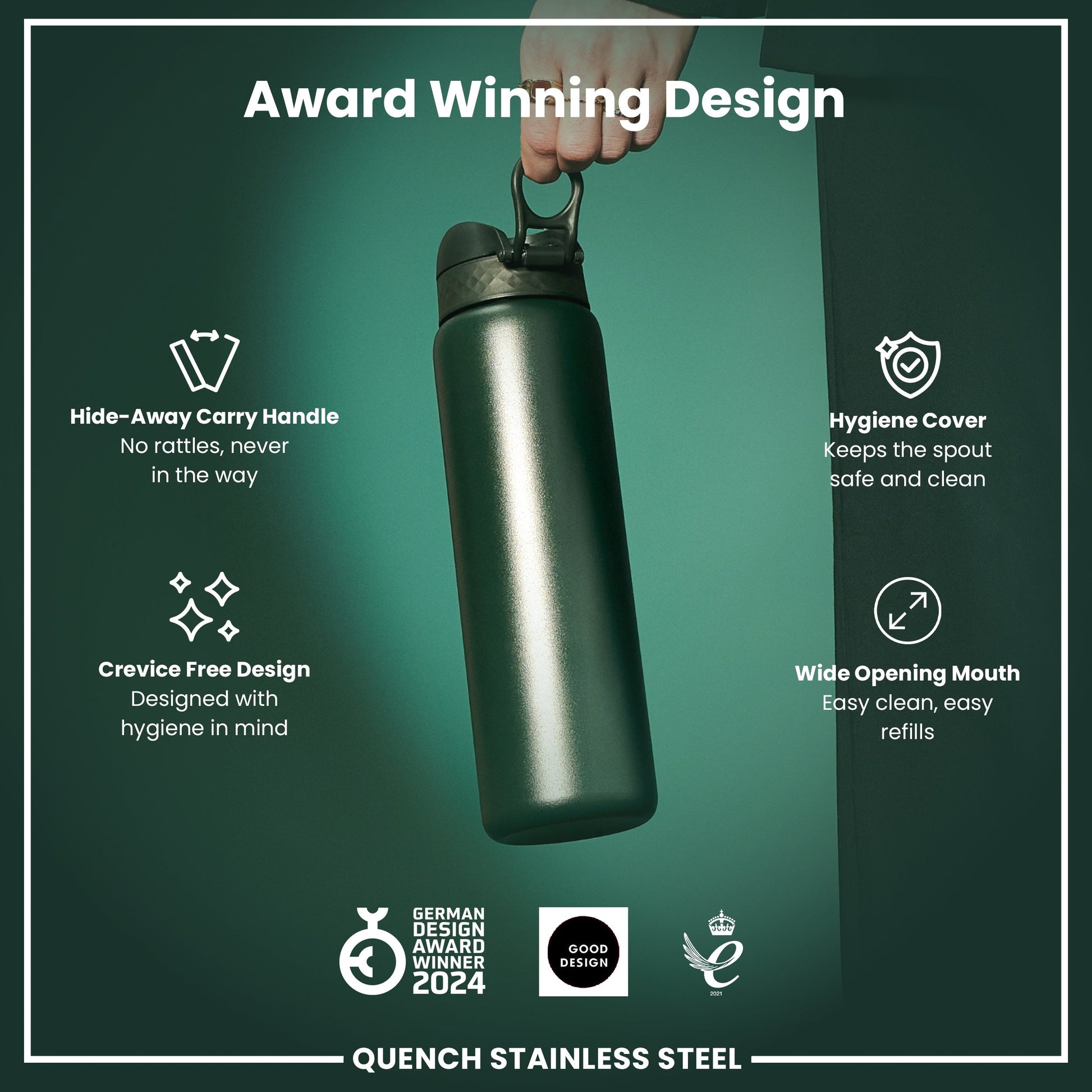 Green stainless steel water bottle with features highlighted on a green background