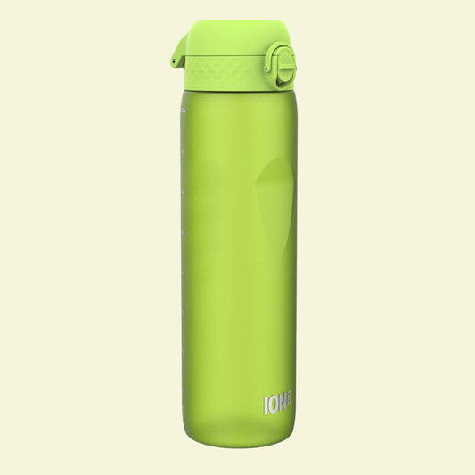 Green water bottle with a white background