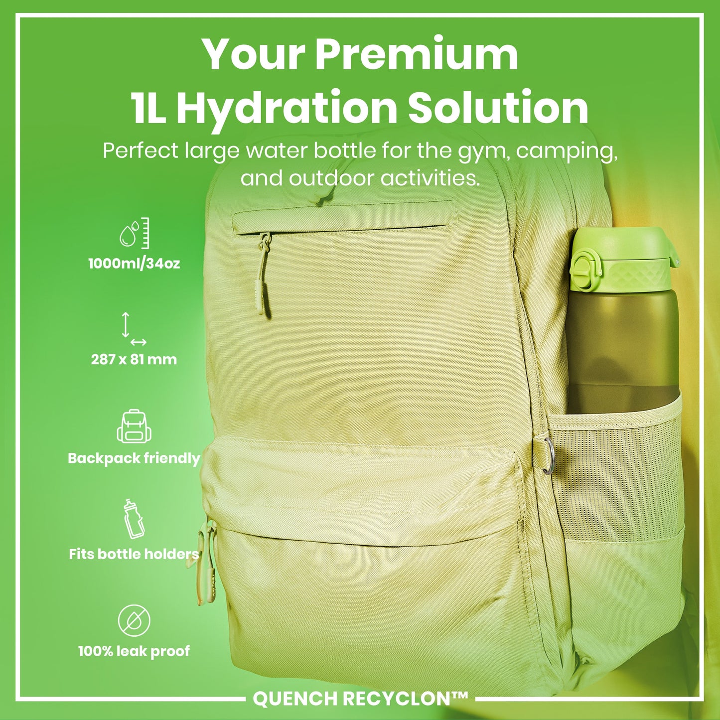 Beige backpack with a green hydration bottle on a green background, featuring product details.