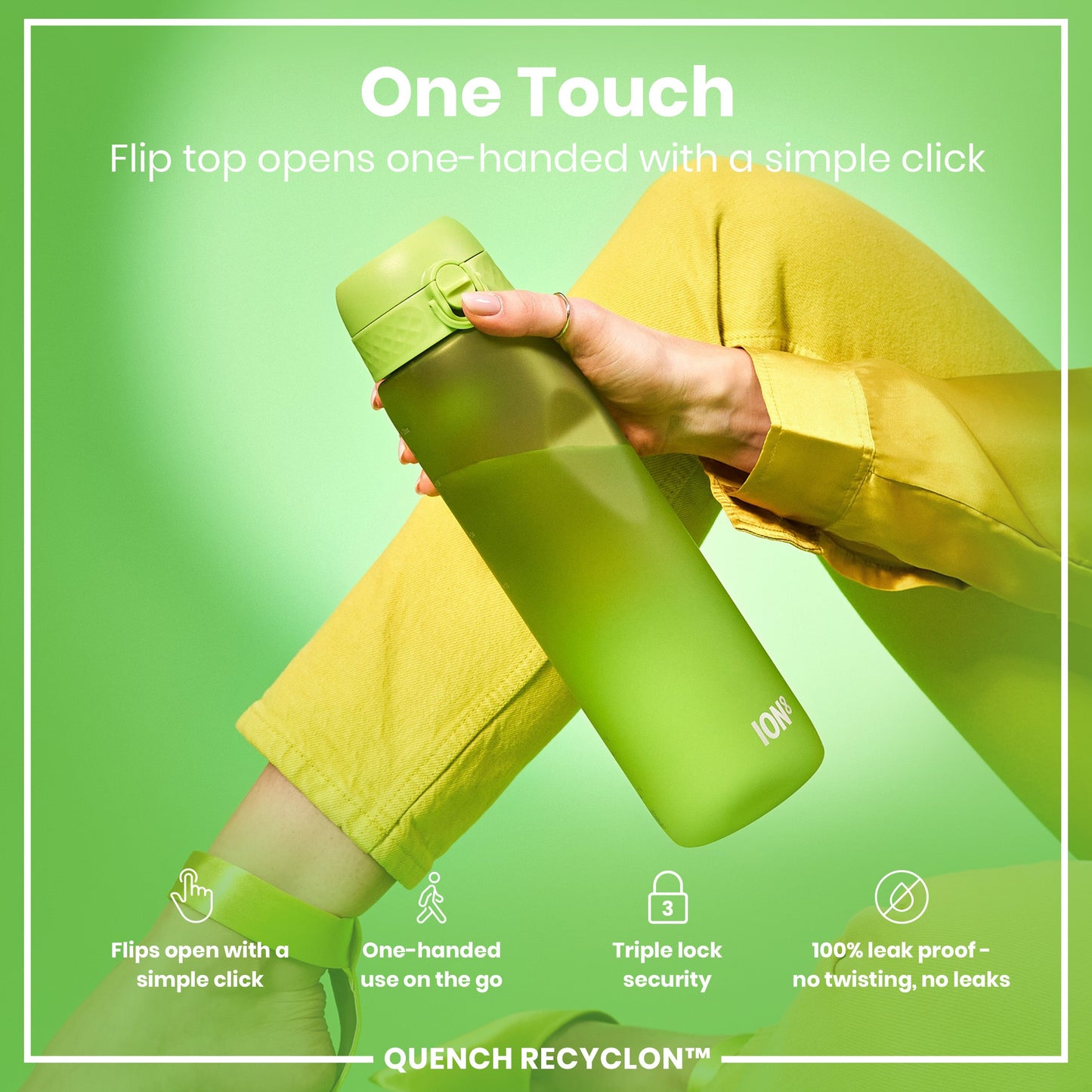 Person holding a green water bottle with text highlighting features on a green background