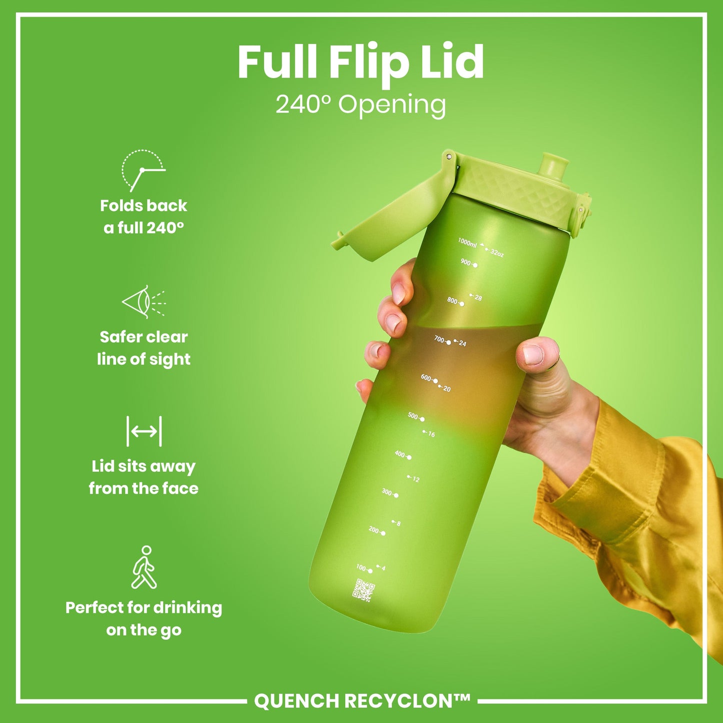 Green water bottle with a flip lid held by a hand on a green background, featuring text about the lid's features.