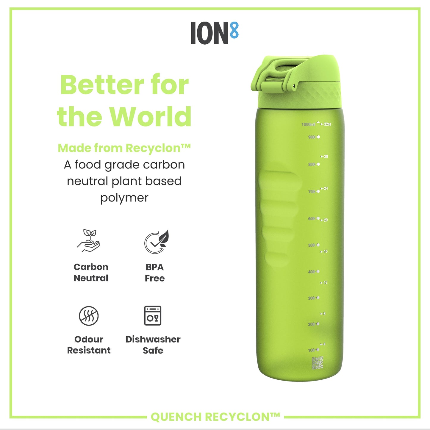 Green water bottle with 'ION8' branding and sustainability features on a white background