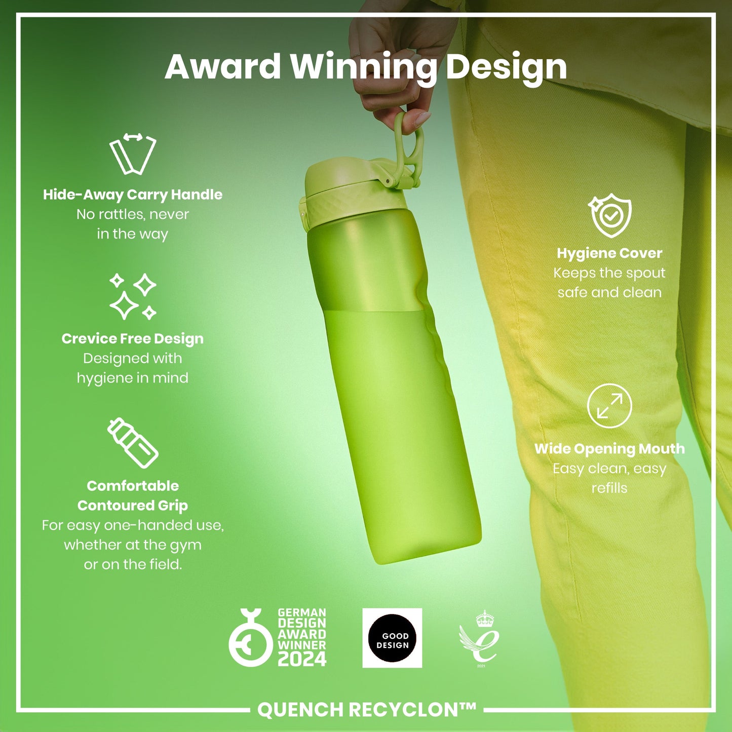 Green water bottle with features highlighted on a green background