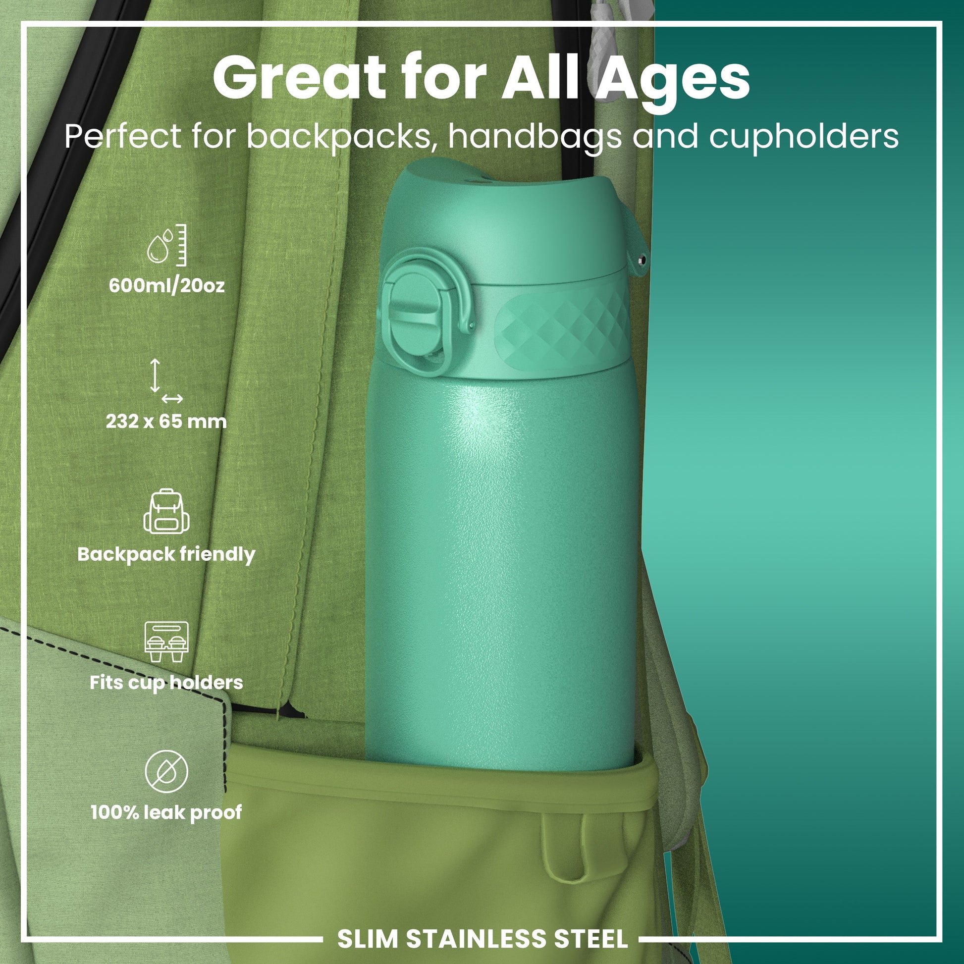 Turquoise thermos bottle with green backpack on a teal background, featuring text about its uses.