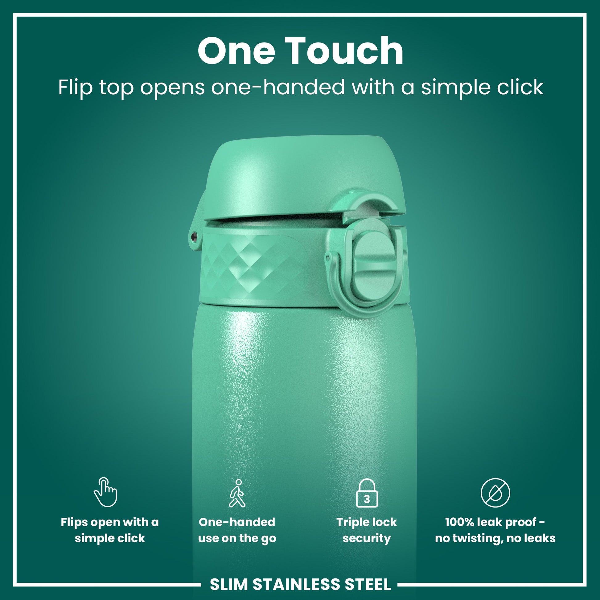 Green stainless steel water bottle with flip top on a green background