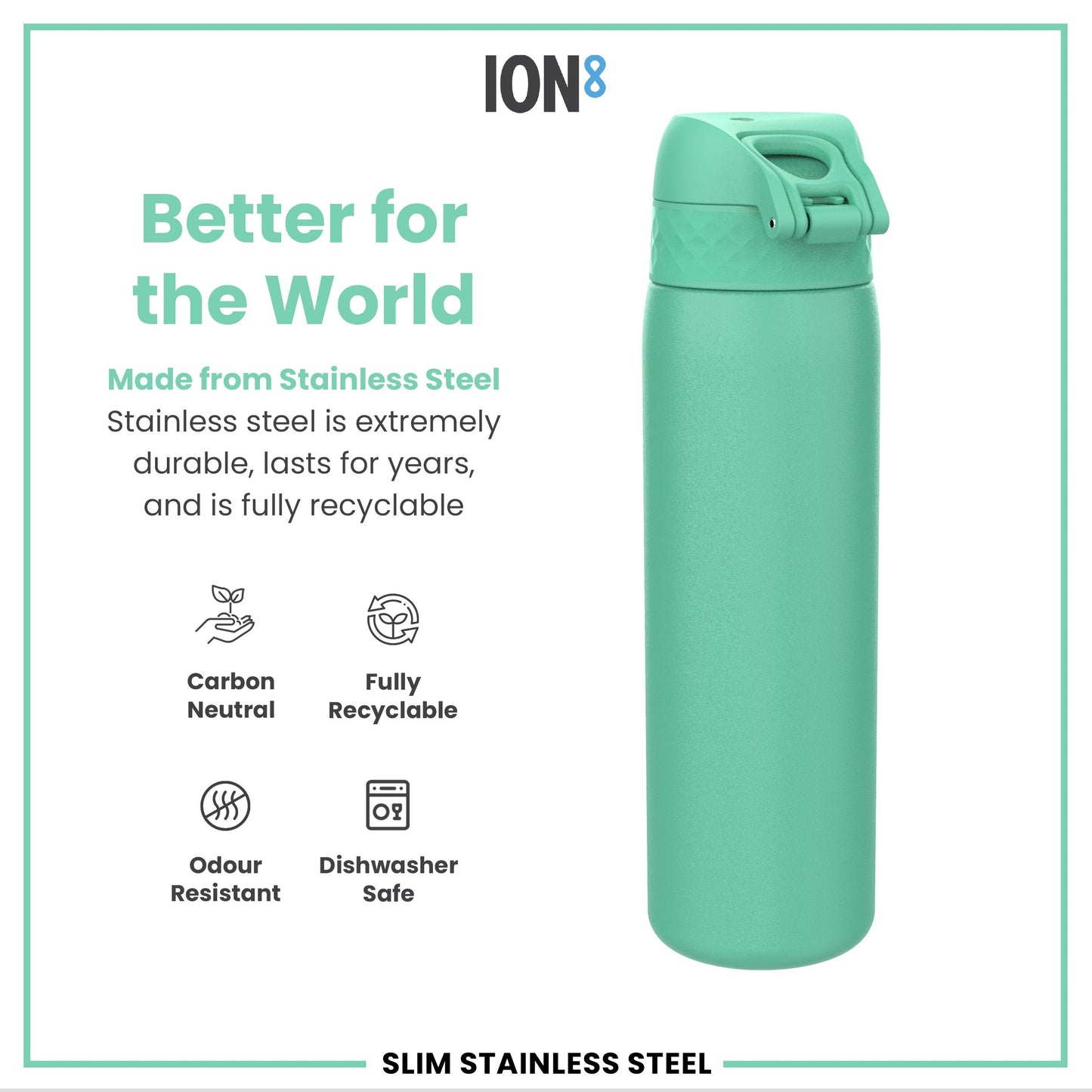 Green stainless steel water bottle with 'ION8' branding and sustainability features listed.