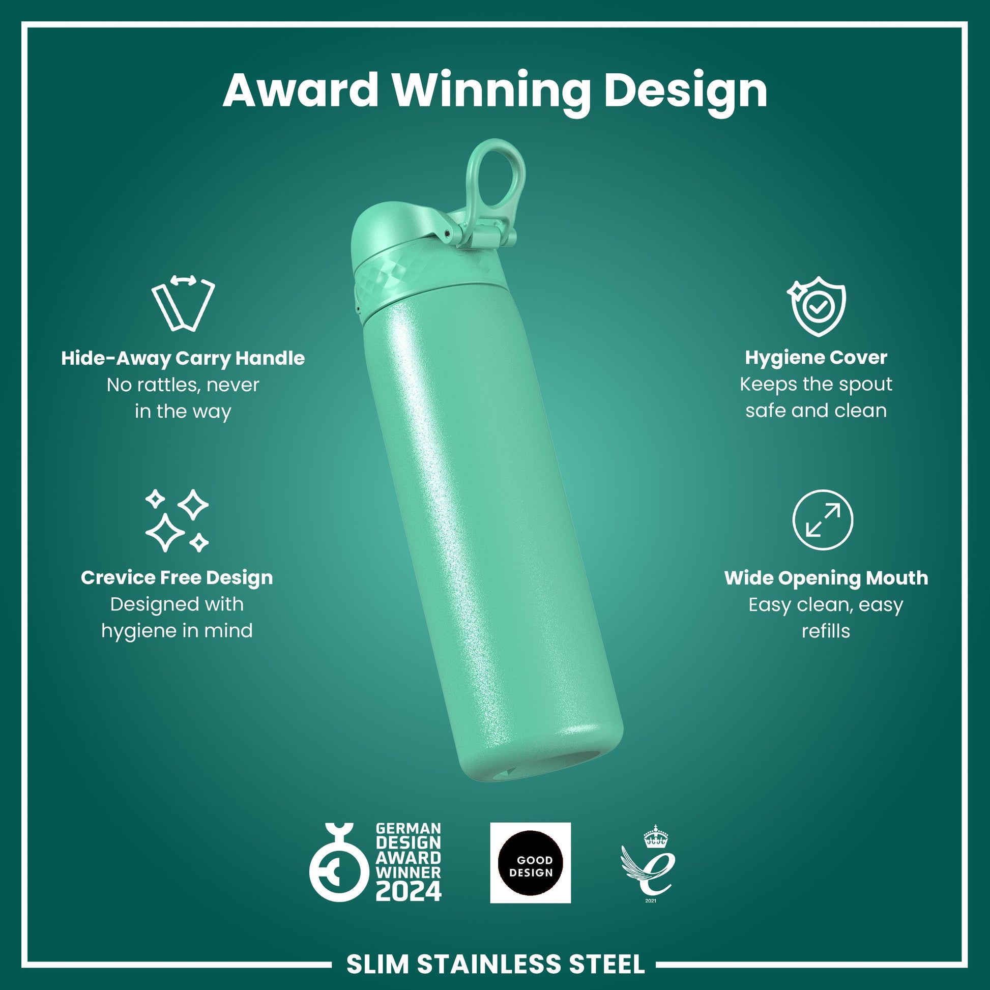 Green stainless steel water bottle with features listed on a green background