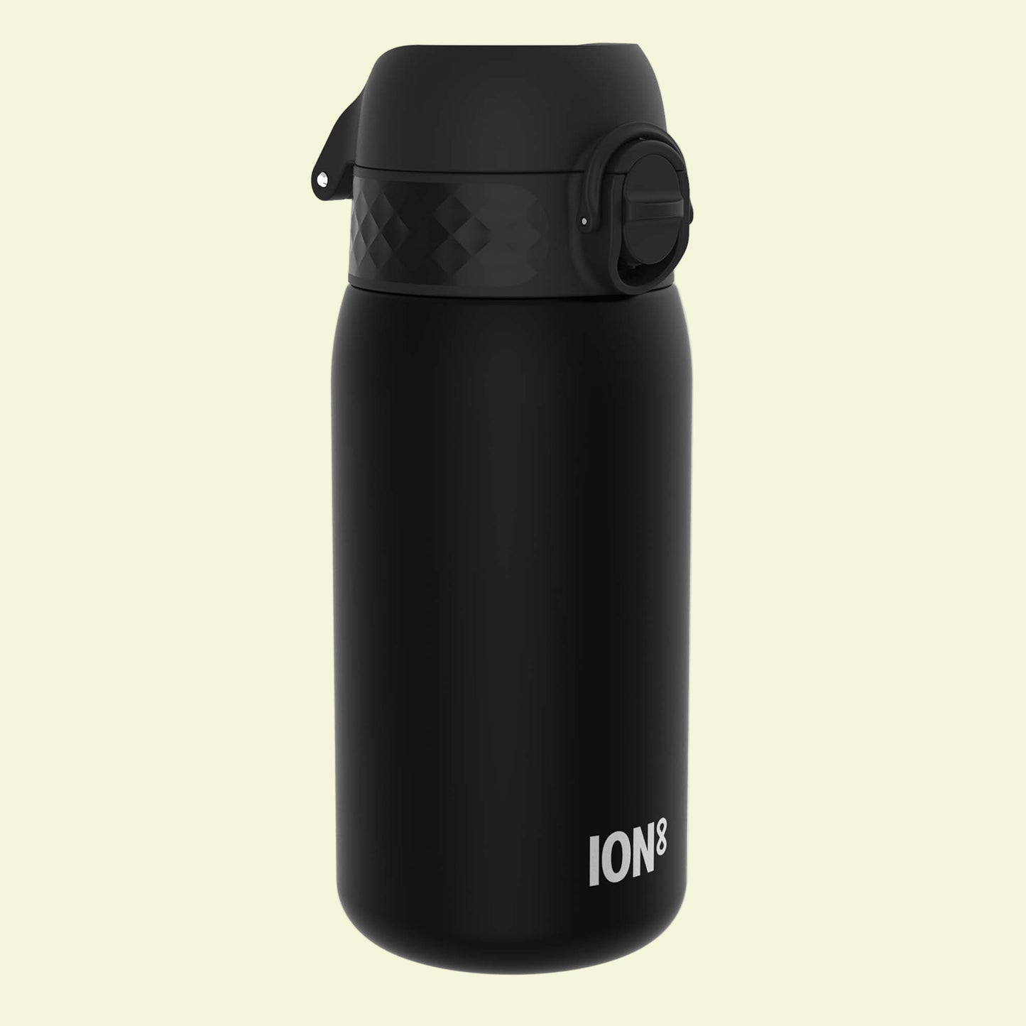 Black water bottle with 'ION8' branding on a white background