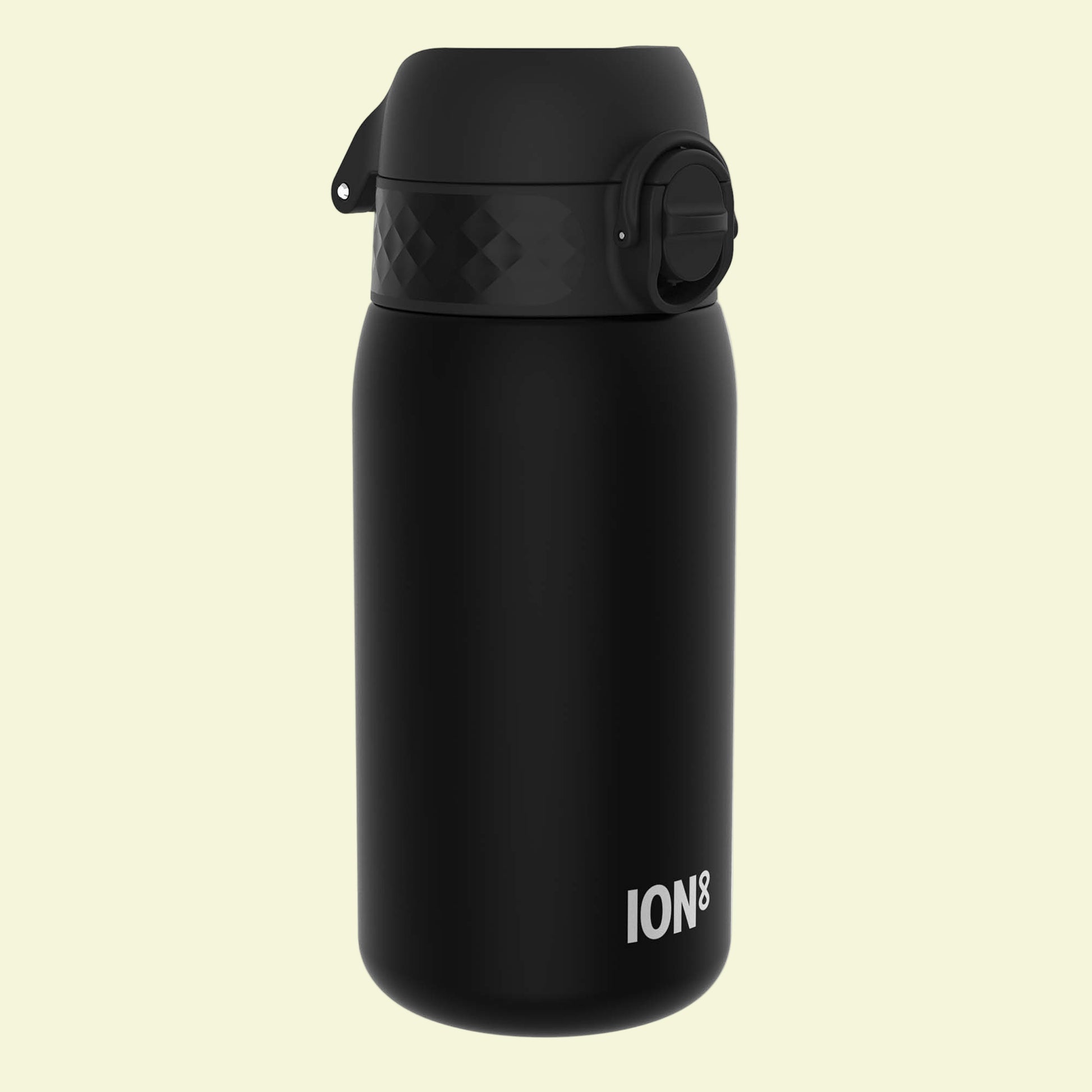Black water bottle with 'ION8' branding on a white background