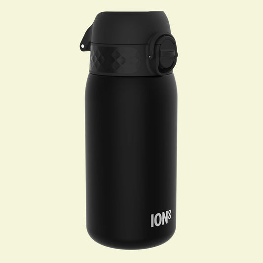 Black water bottle with 'ION8' branding on a white background