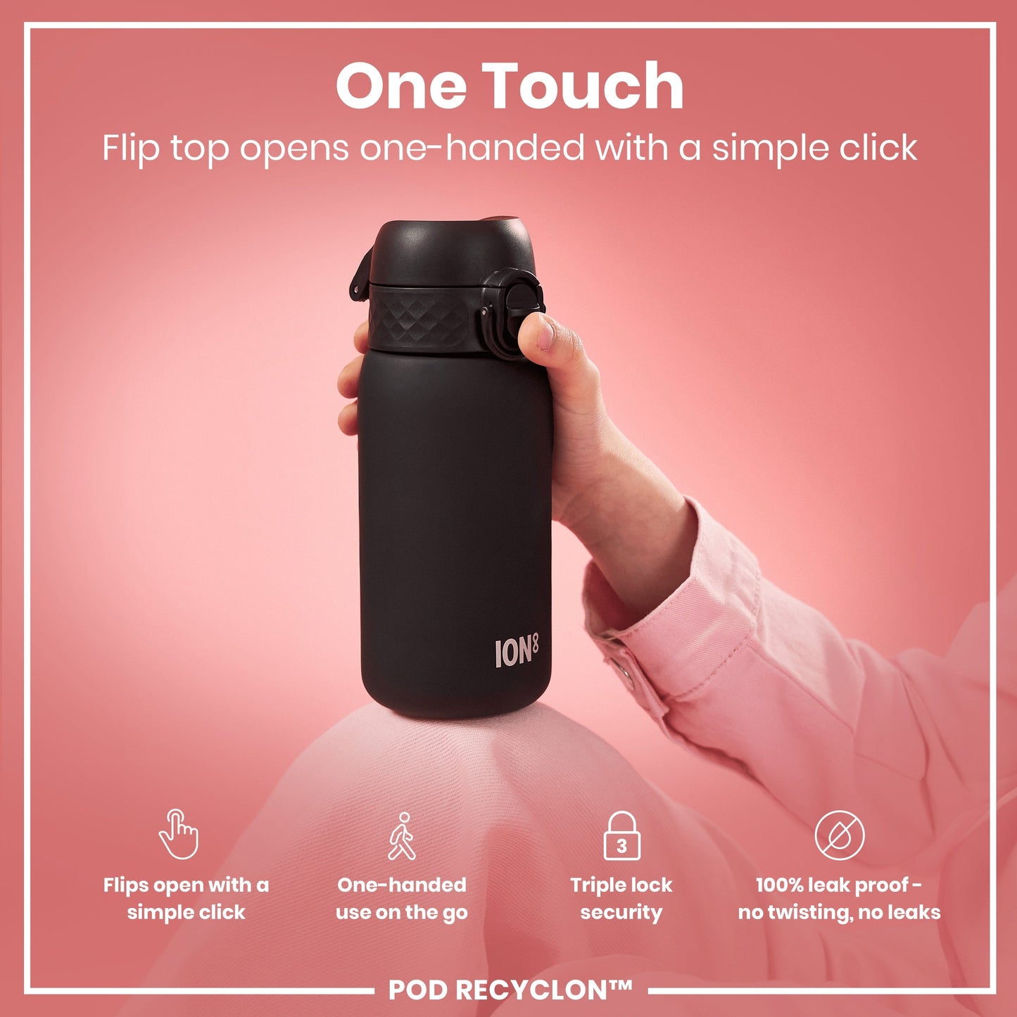 Black water bottle held by a hand with promotional text on a pink background