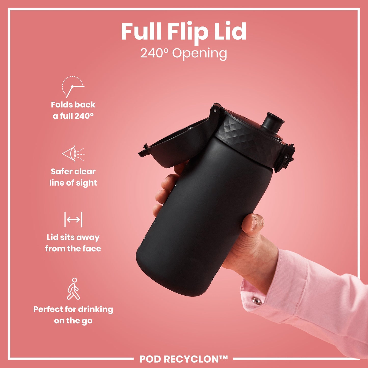 Black water bottle with full flip lid on a pink background, featuring text and icons about the lid's features.