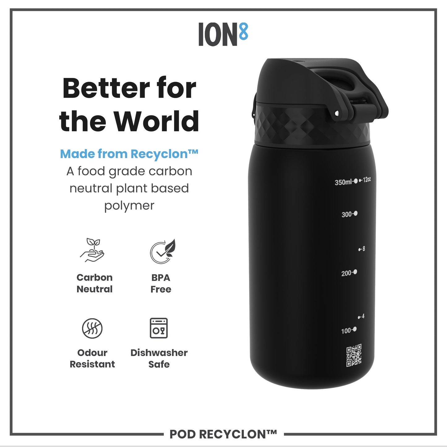 Black water bottle with measurement markings on a white background, featuring the ION8 brand.