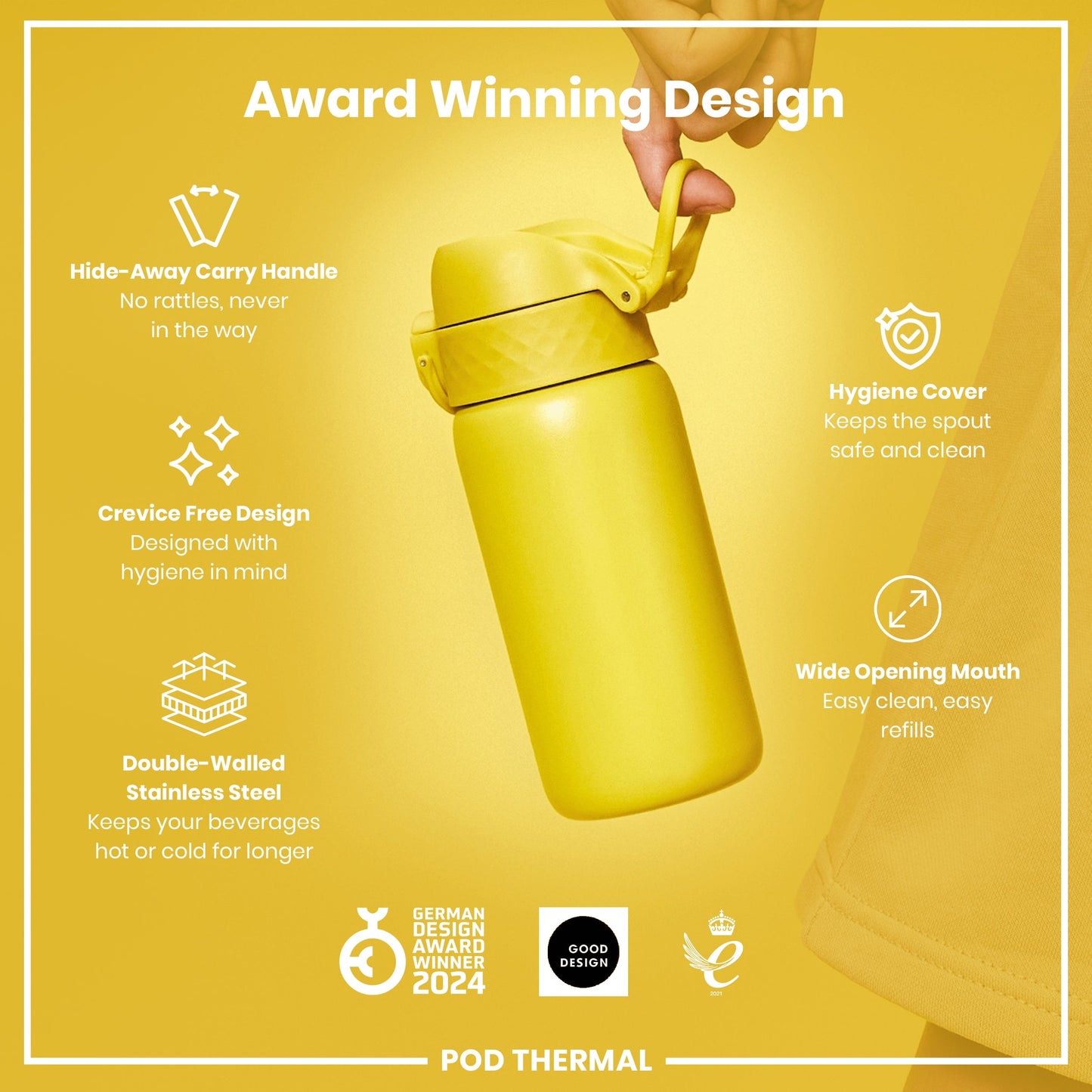 Yellow thermos with features highlighted on a yellow background