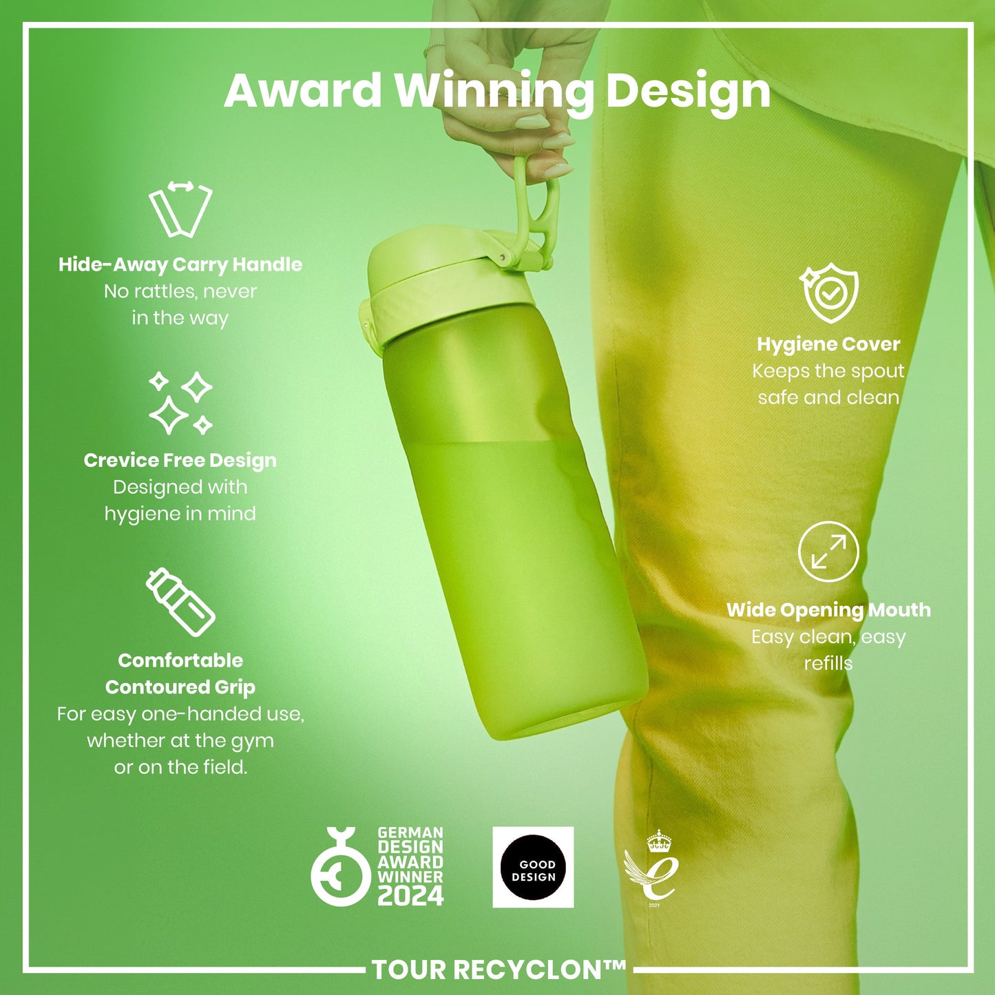 Green water bottle with features listed on a green background