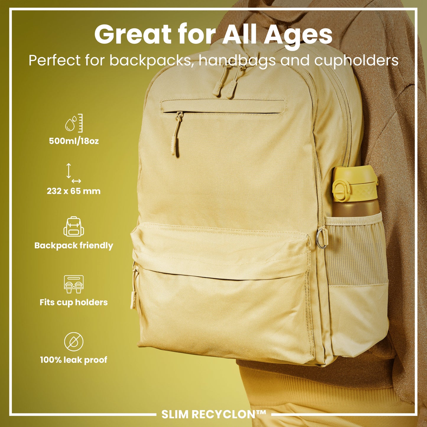 Beige backpack worn by a person with product features listed on a green background