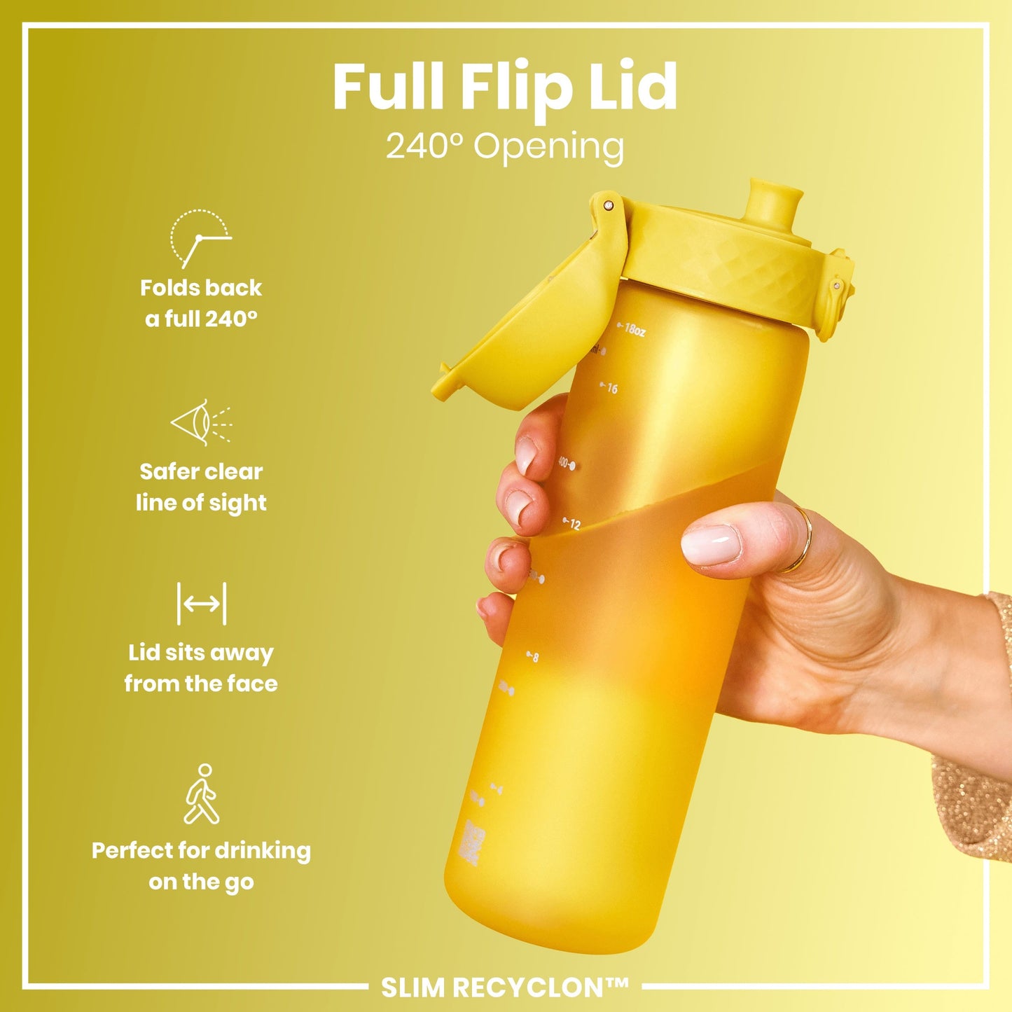 Yellow water bottle with a full flip lid on a yellow background