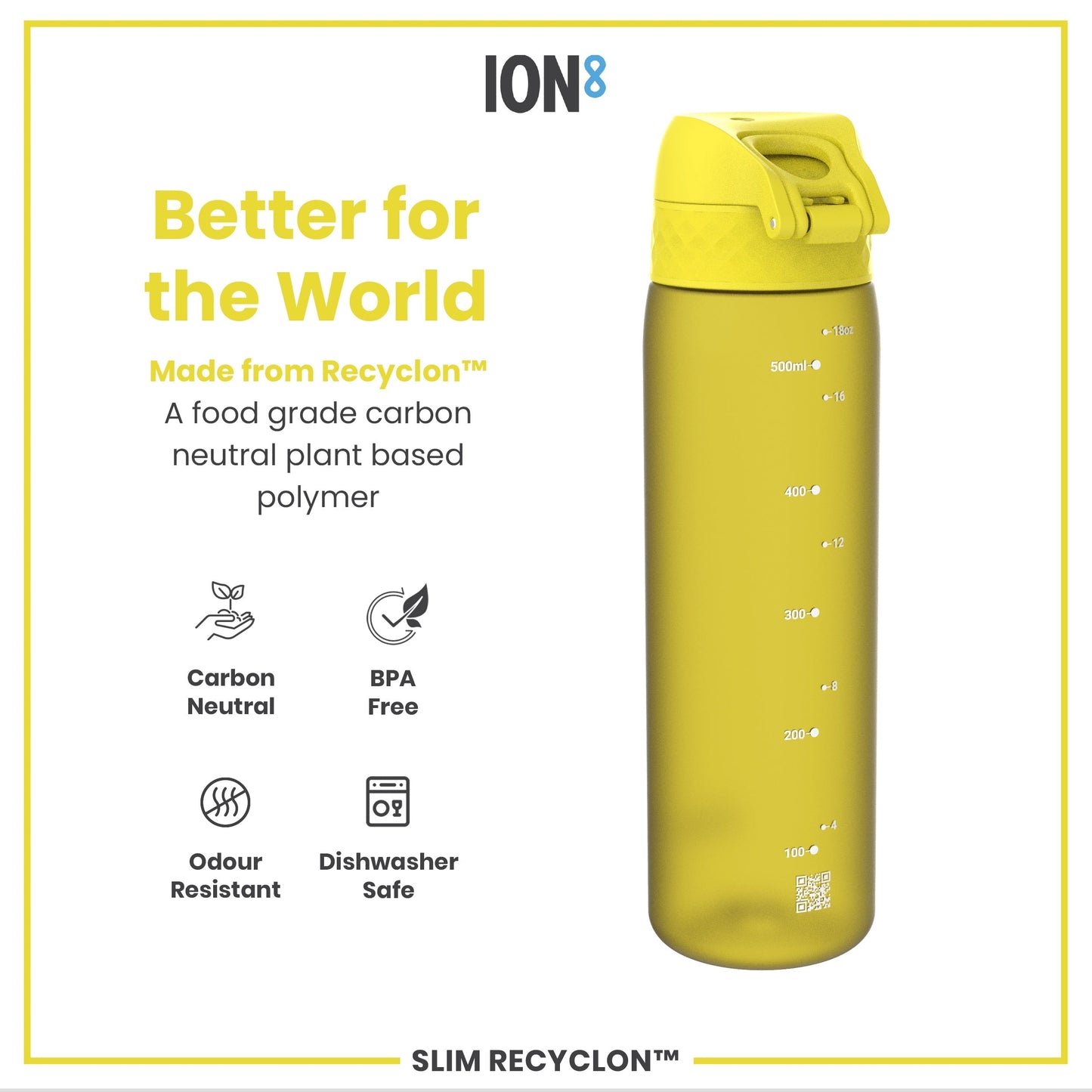 Yellow water bottle with 'ION8' branding and sustainability features on a white background