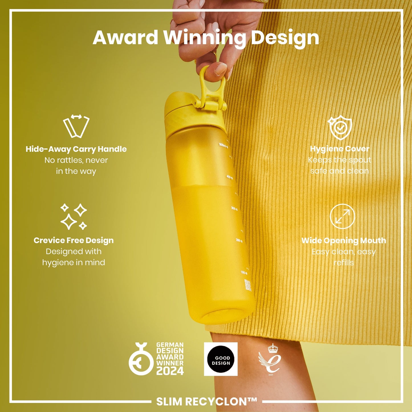 Yellow water bottle with features highlighted on a green background