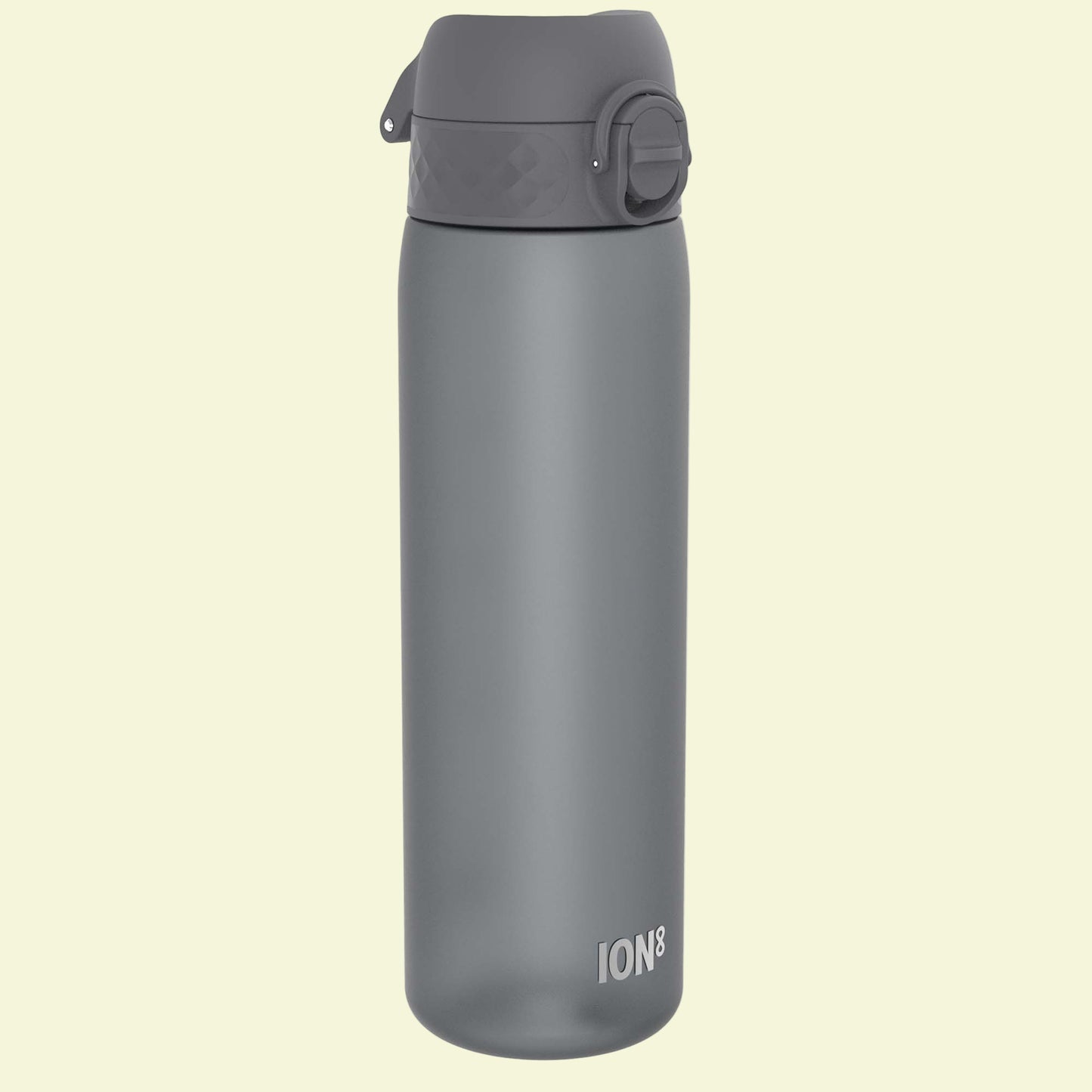 Gray water bottle with a flip lid on a white background