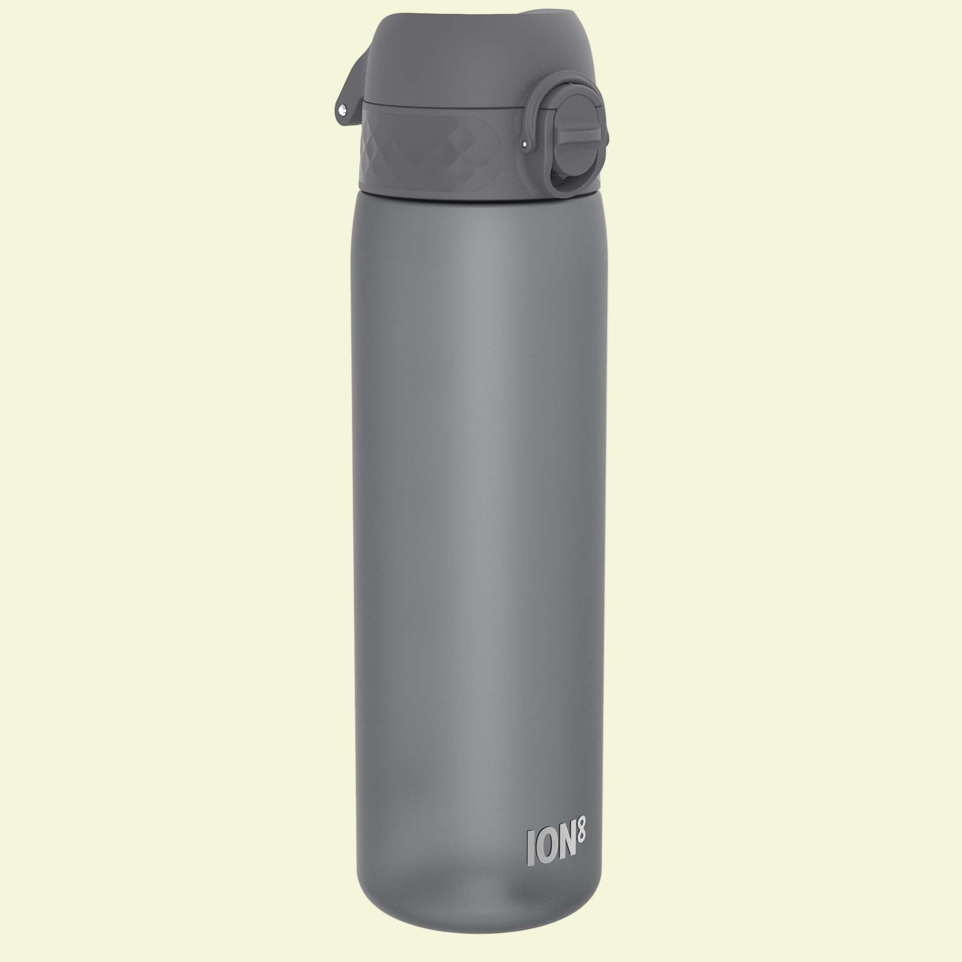 Gray water bottle with a flip lid on a white background