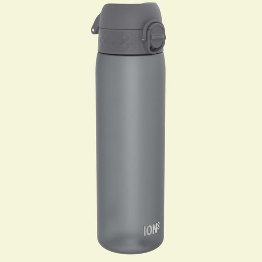 Gray water bottle with a flip lid on a white background