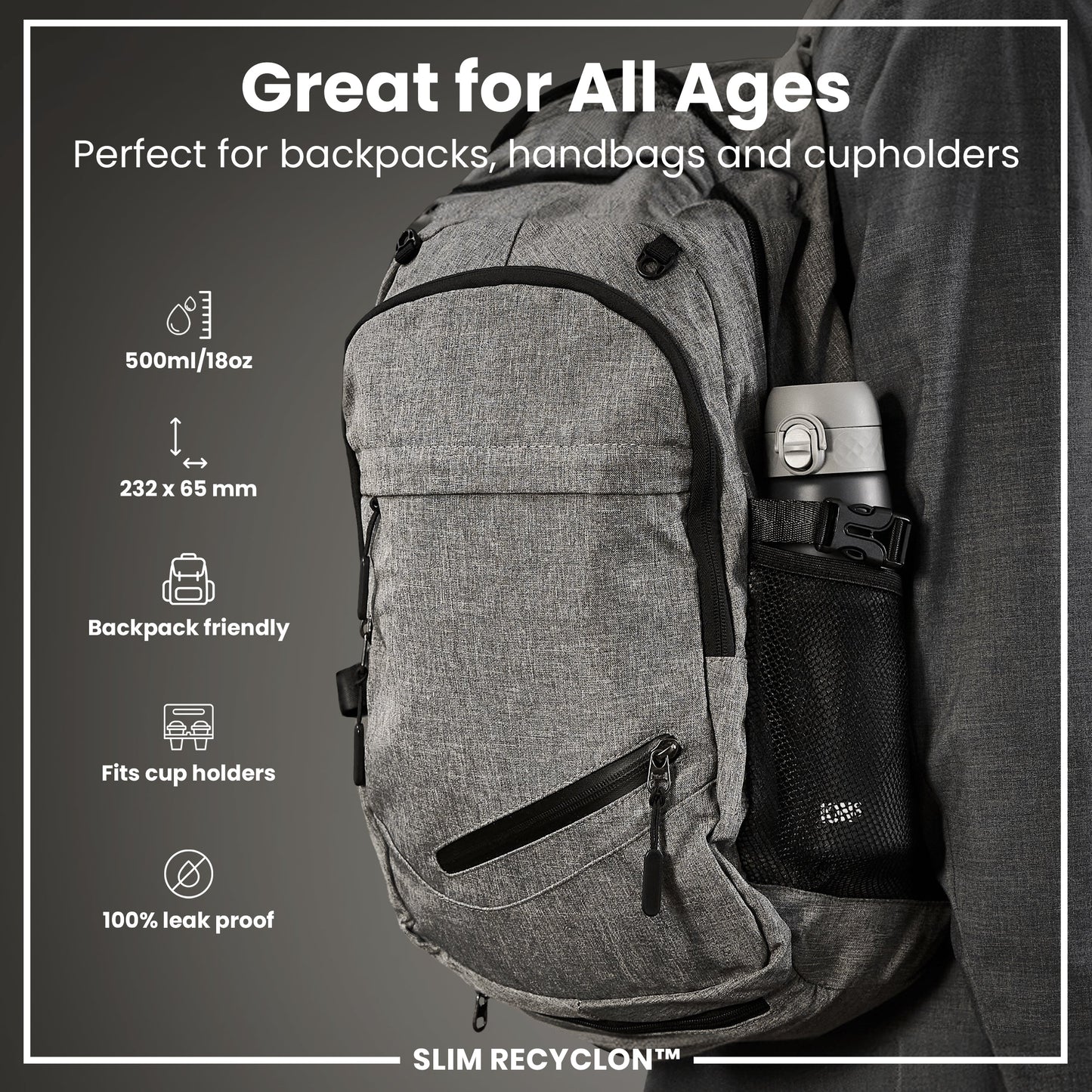 Gray backpack with a water bottle holder, featuring product details on a gray background.