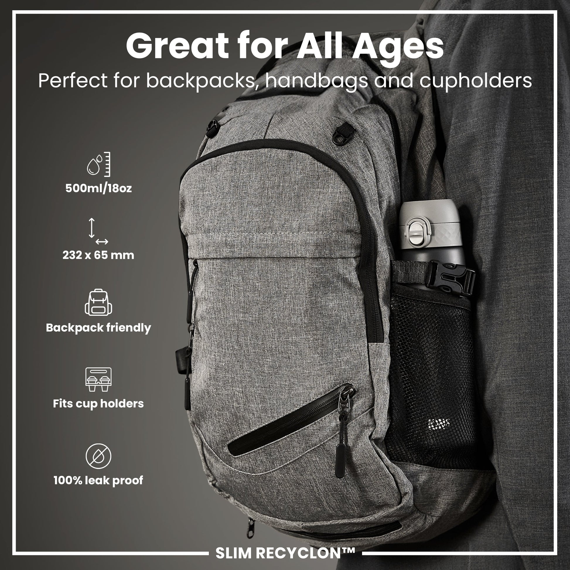 Gray backpack with a water bottle holder, featuring product details on a gray background.