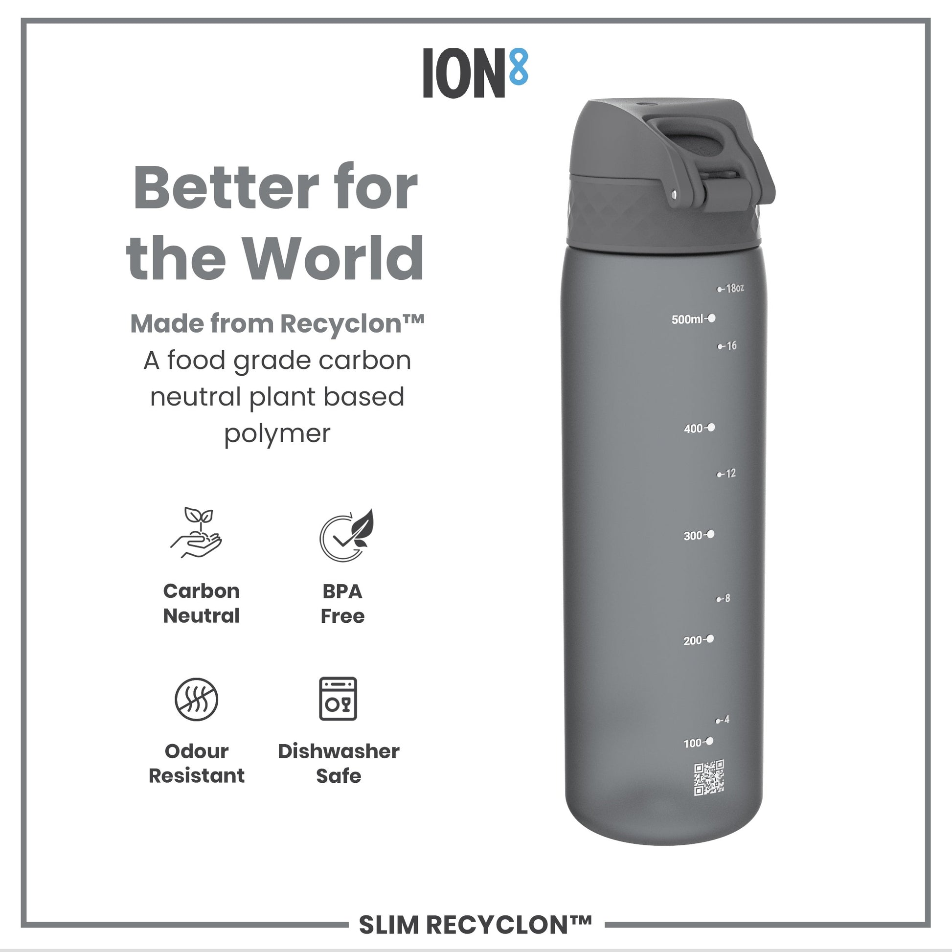 Gray water bottle with measurement markings on a white background, featuring the ION8 brand.