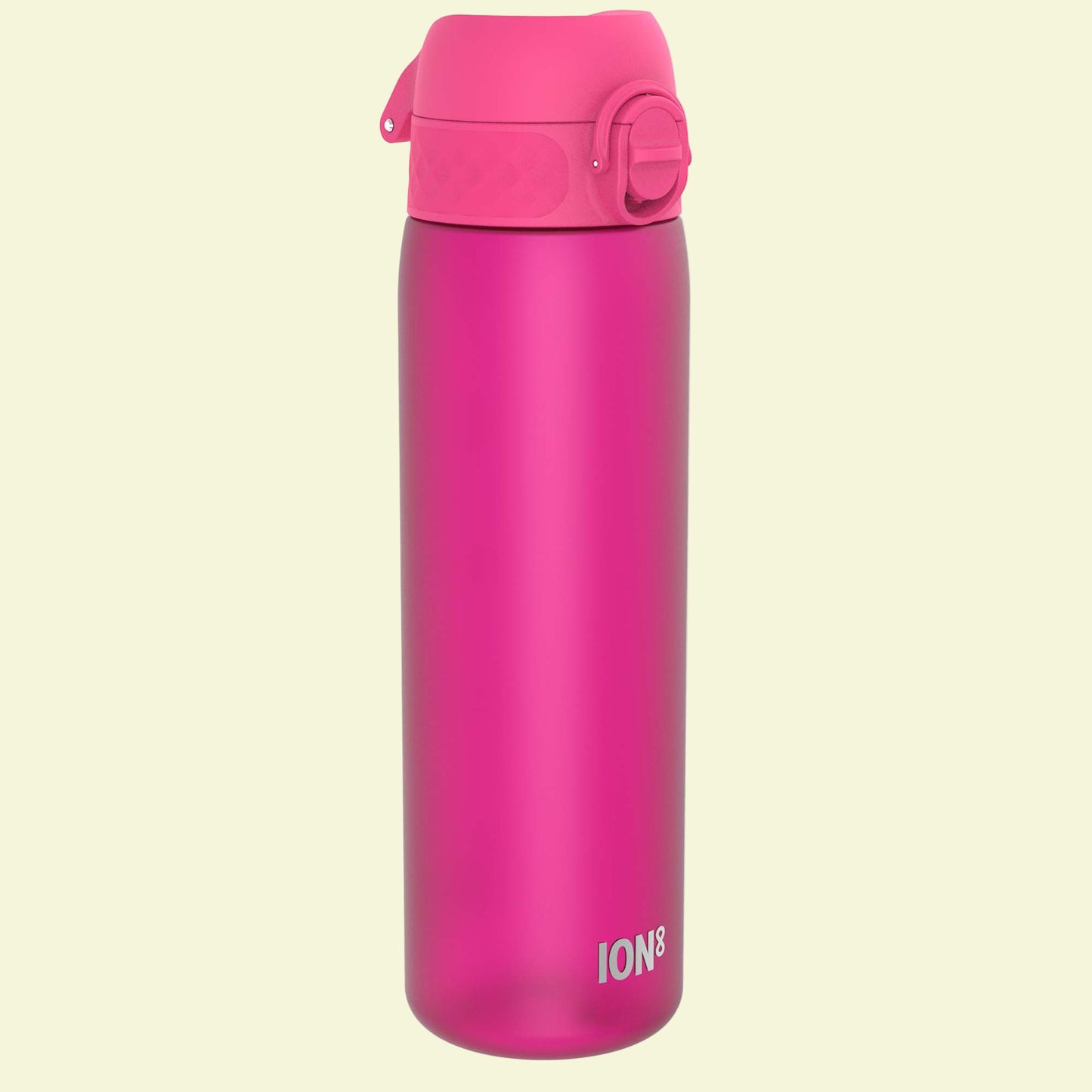 Pink water bottle with 'ION8' branding on a white background