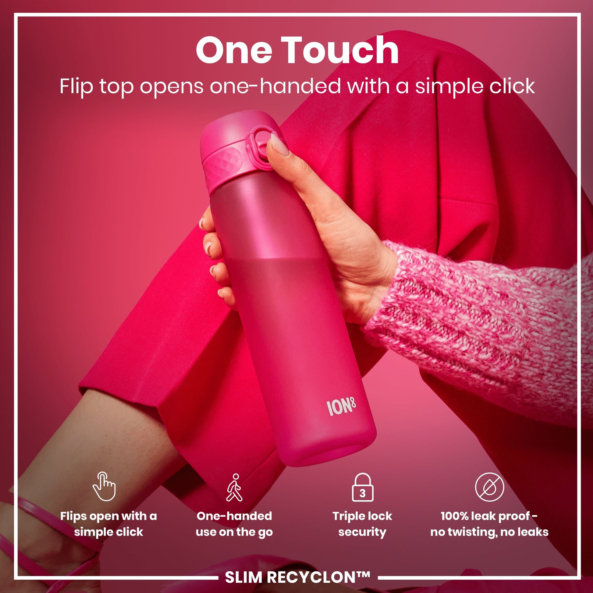 Pink water bottle with 'One Touch' feature held by a person against a red background