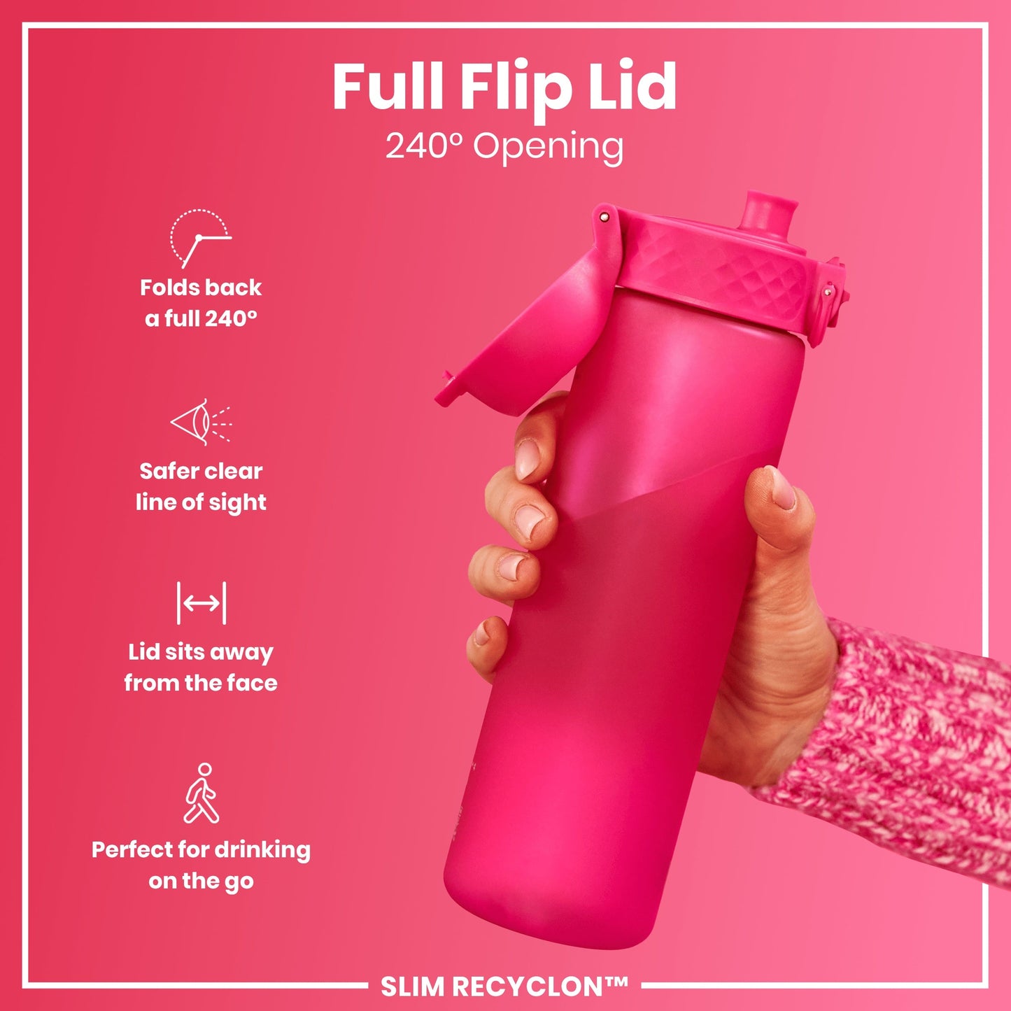 Pink water bottle with a full flip lid on a pink background