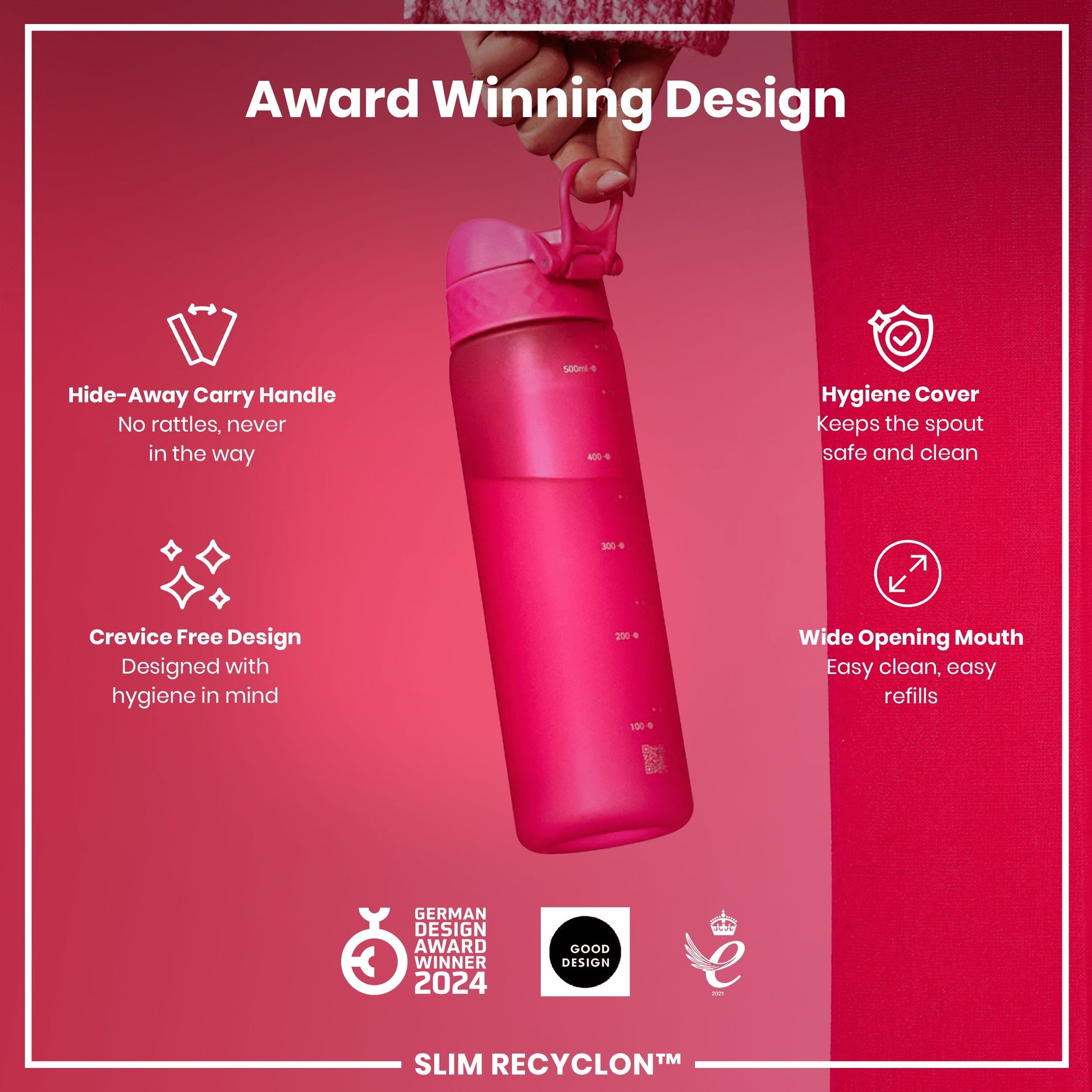 Pink water bottle with features highlighted on a red background