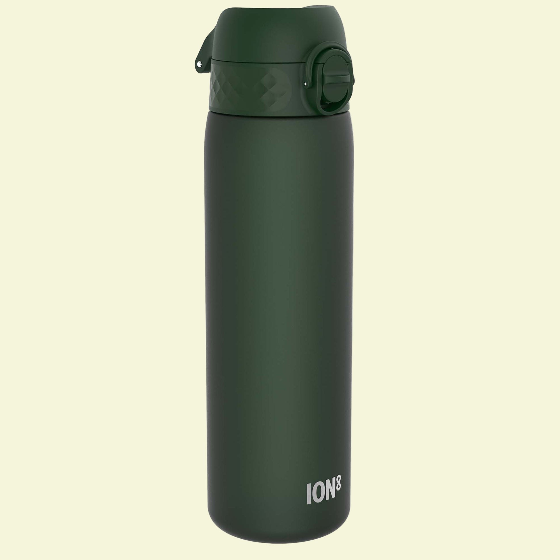 Green water bottle with 'ION8' branding on a white background