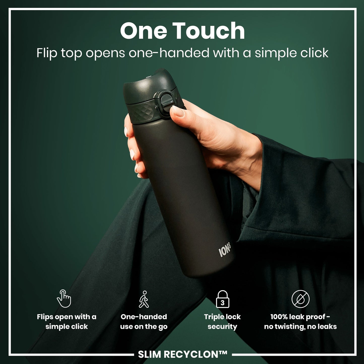 Person holding a black water bottle with text highlighting features on a green background