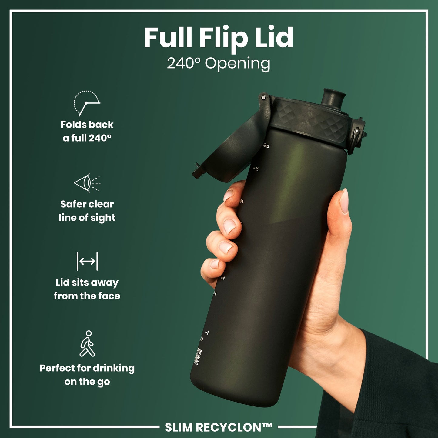 Black water bottle with a full flip lid held by a hand on a green background